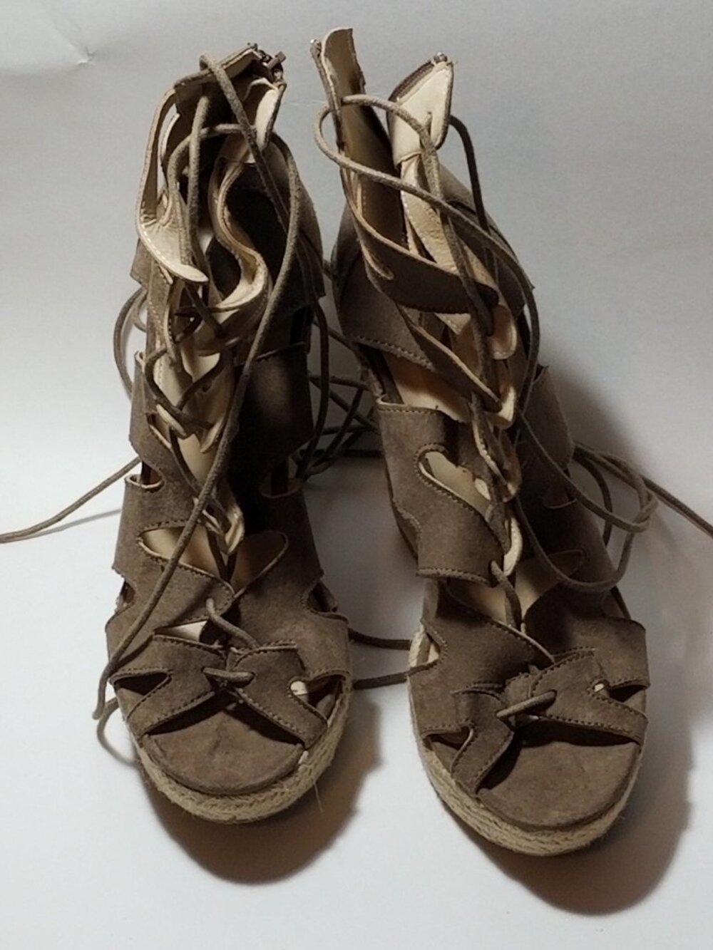 Brown Suede lace up wedge sandals 5 inches Sz 8/9 NWOT